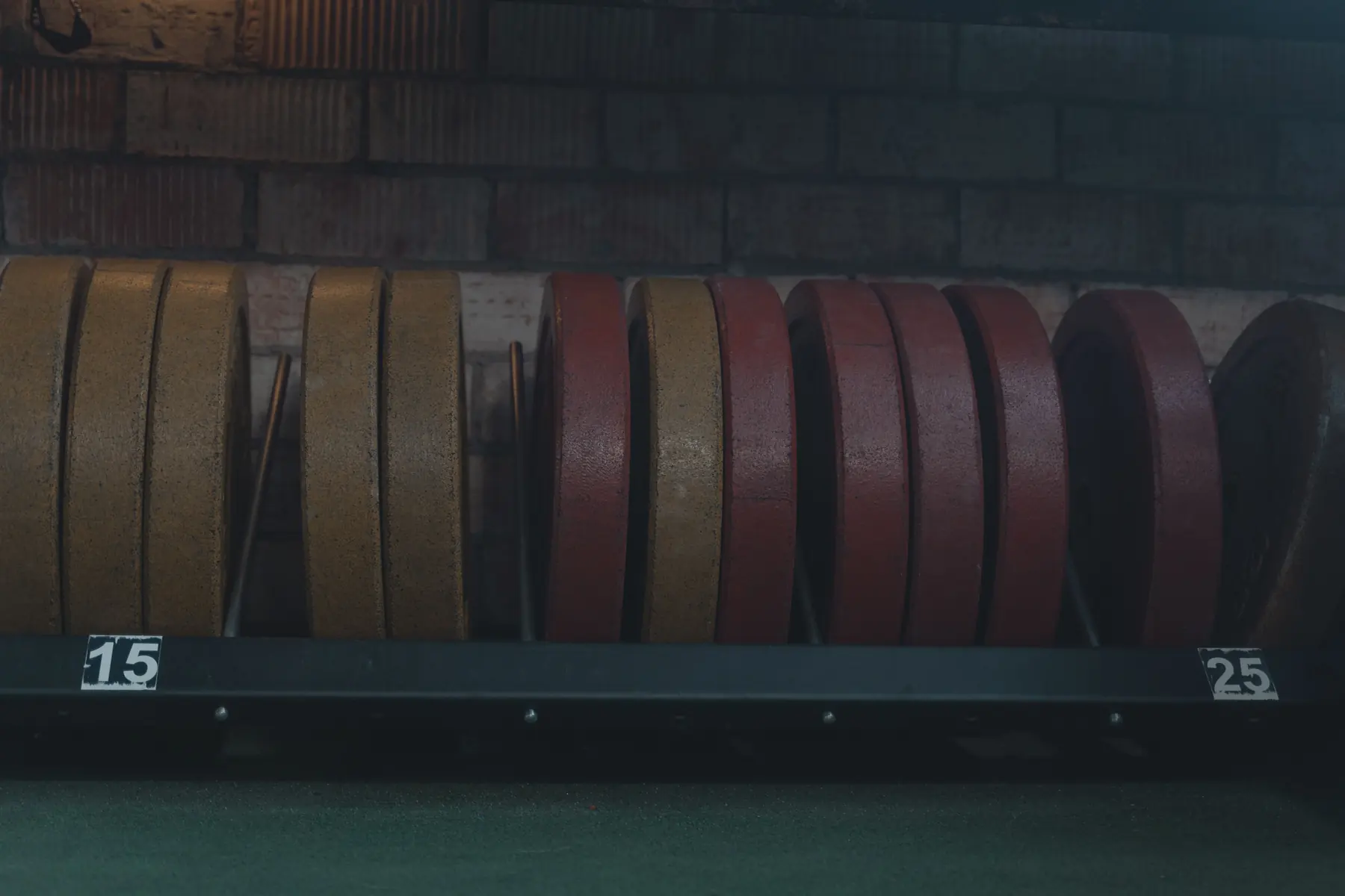 Yellow and red bumper plates standing in the plate rack