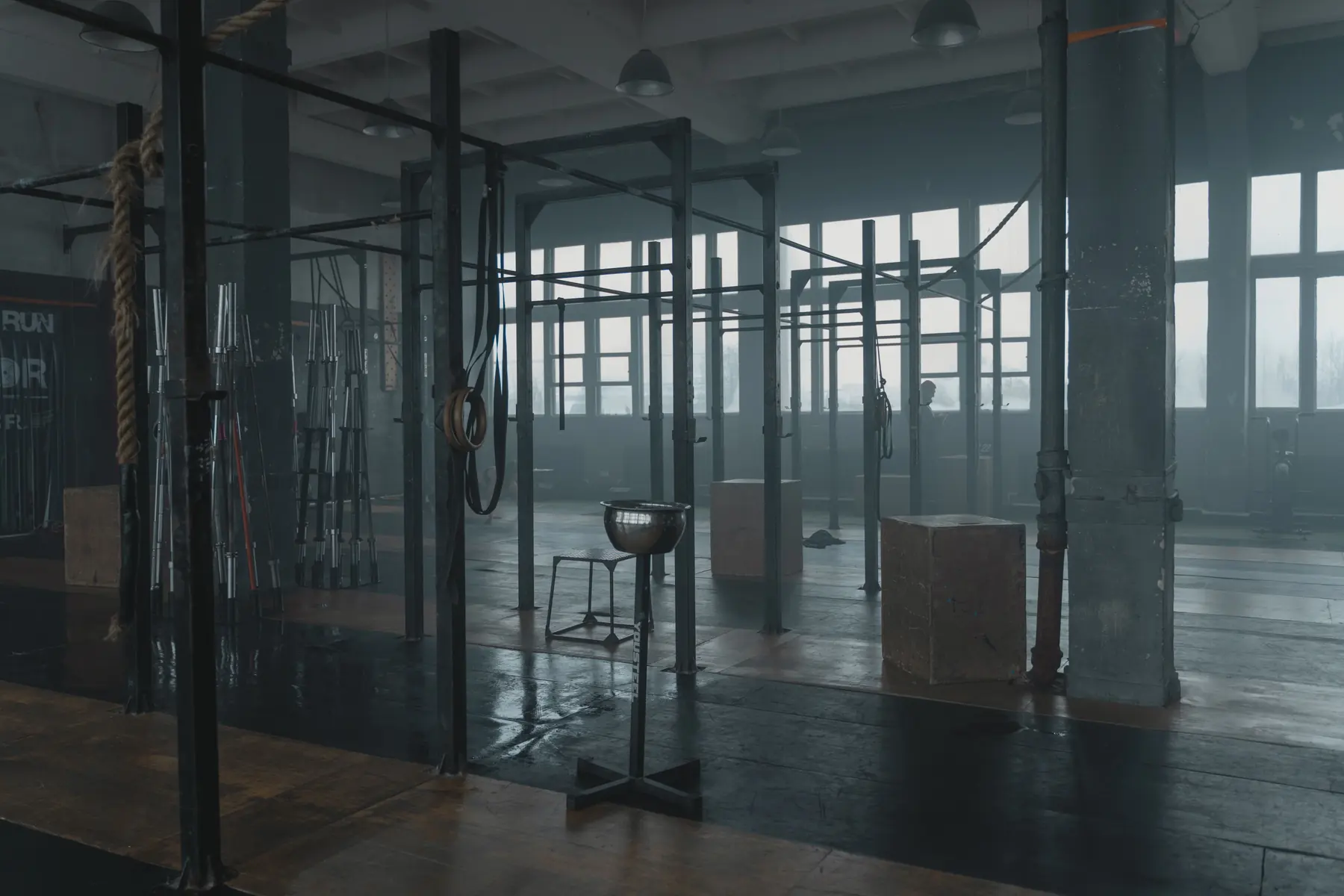 The empty rig along the warehouse windows
